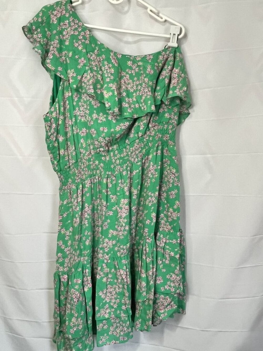 Draper James One Shoulder Ruffle front Dress smocked waist Green Pink Floral XXL